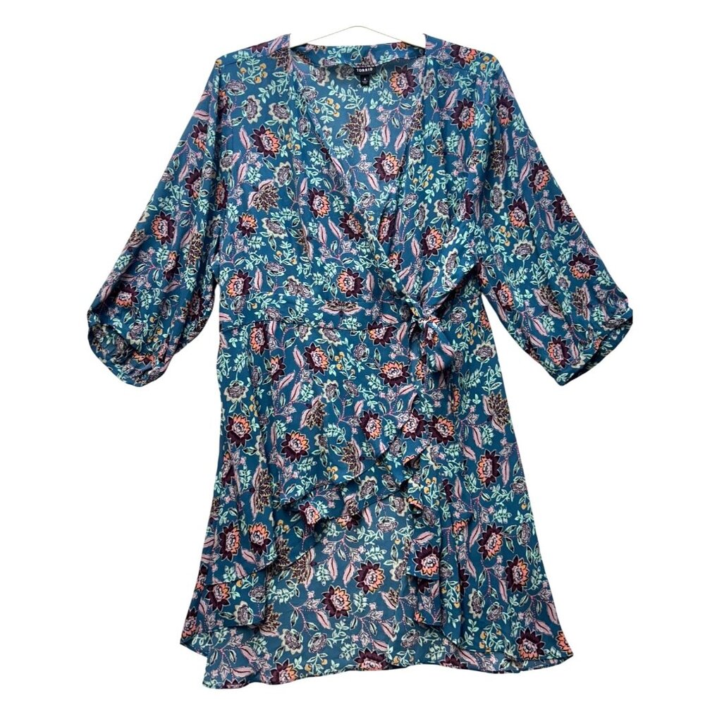 Torrid Womens Floral Wrap Dress High-Low Ruffle Hem & 3/4 Sleeves Size 4 Blue